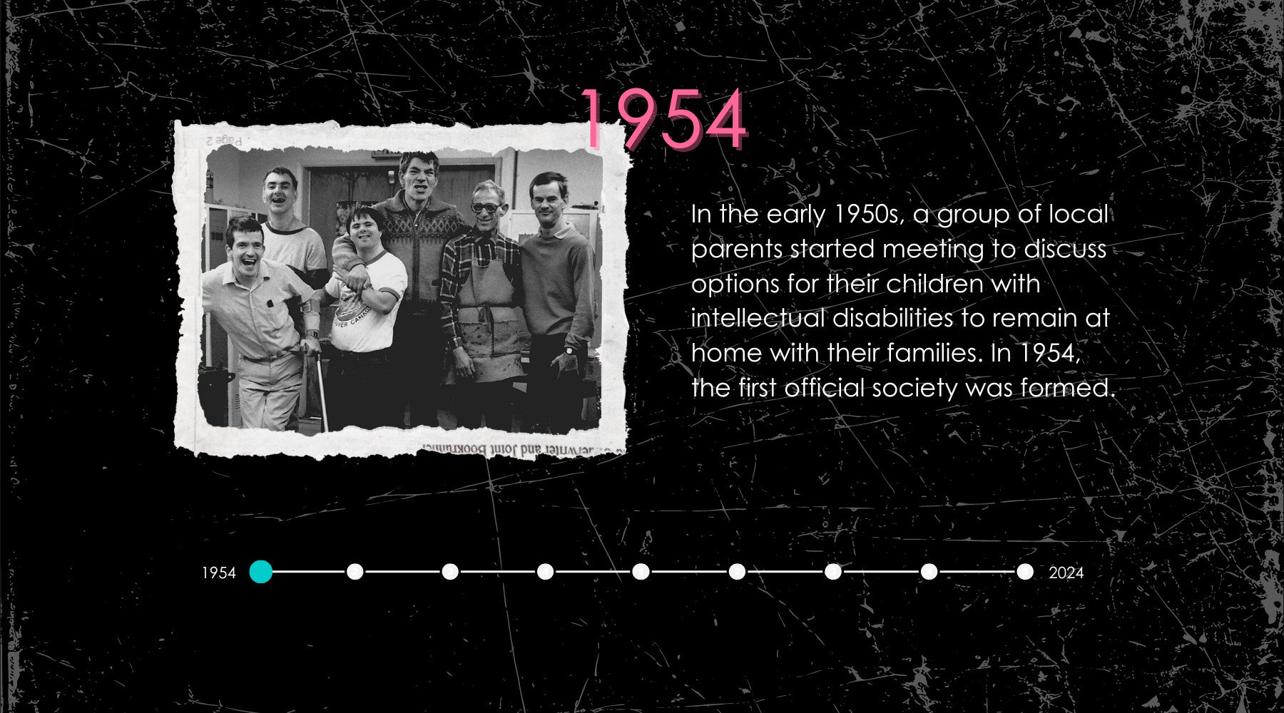 1954 timeline image of a group of men with intellectual disabilities who attended inclusion's first school