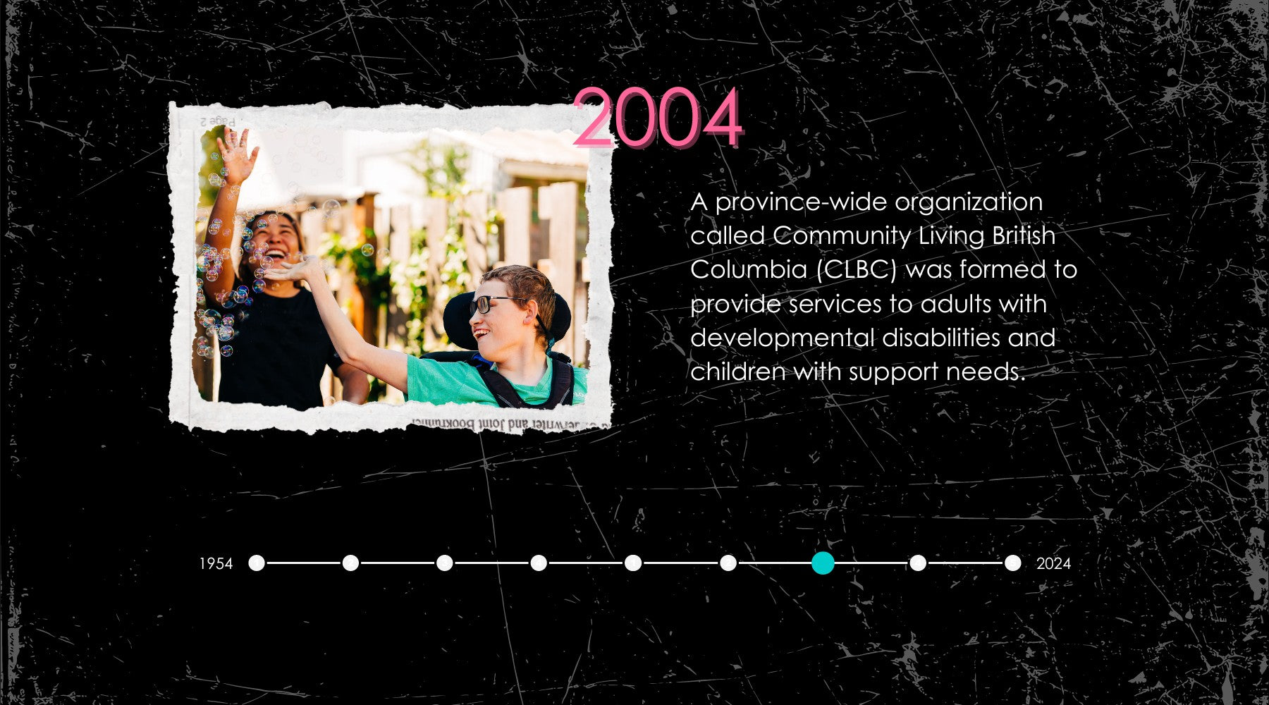 2004 timeline image young man with intellectual disabilities blowing bubbles with his support worker