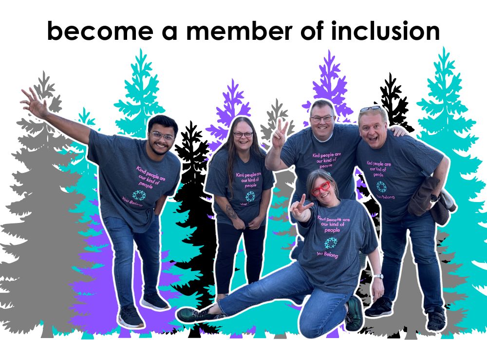 A group of inclusion employees wearing t-shirts that say, Kind people are our kind of people. 