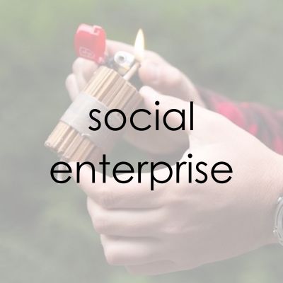 Photos of someone lighting the OneLight Fire Starter with the words social enterprise overlayed